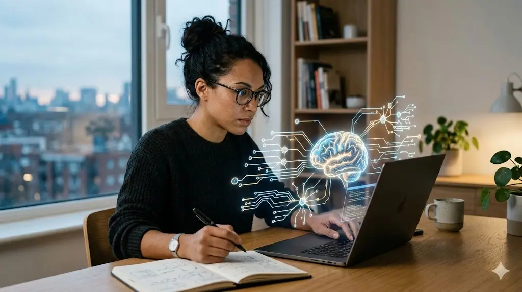 une femme devant son ordi qui réfléchie