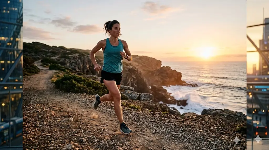 une femme qui fait son jogging au bord d'une falaise