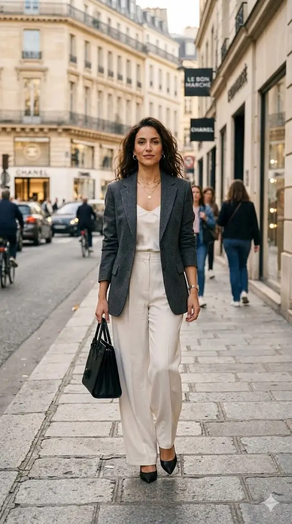 une femme bien habillée qui se promène dans la ville